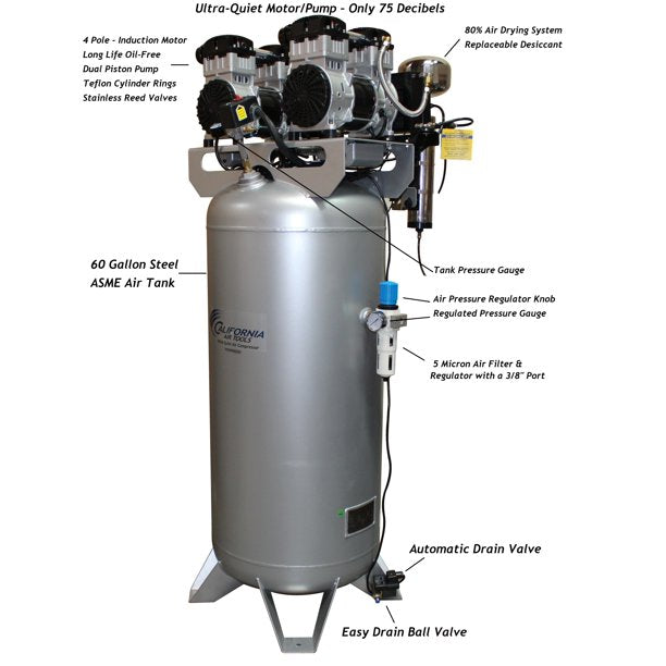 California Air Tools 60040DCAD  Ultra Quiet & Oil-Free  4.0 Hp,  60.0 Gal.w/ Air Dryer & Auto Drain