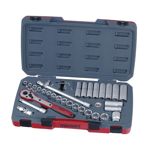 Teng Tools 34 Piece 1/2 Inch Drive 6 Point Metric Regular/Shallow & Deep Socket Set - T1234