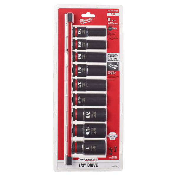 Milwaukee 49-66-7022 - 9PC SHOCKWAVE Impact Duty™ 1/2" Drive SAE Deep 6 Point Socket Set