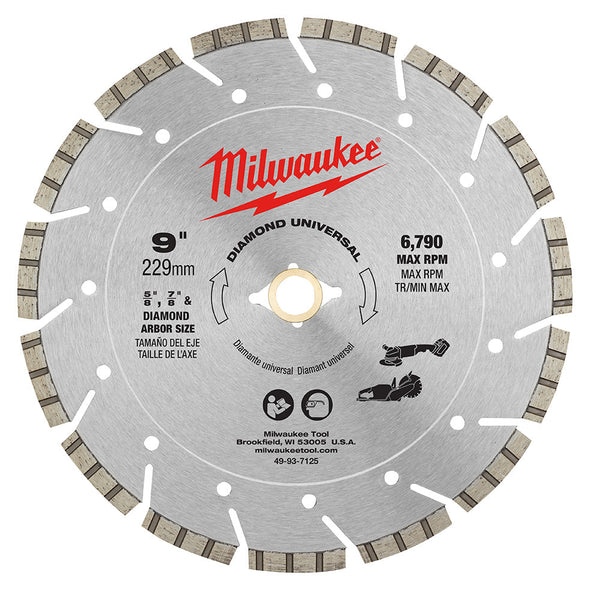 Milwaukee 49-93-7125 - 9" Universal Diamond Blade; For use with reinforced concrete, concrete, brick, block, green concrete, asphalt, stone, and granite