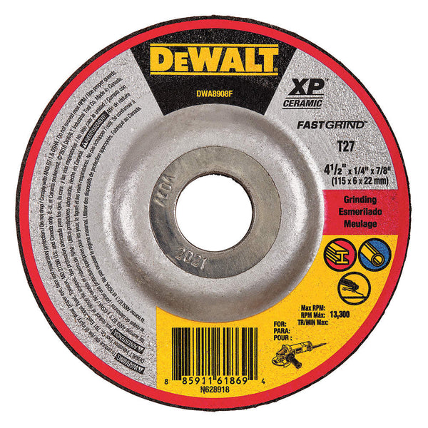 Dewalt DWA8908F - 4-1/2", Type 27 Ceramic Abrasive Cut-Off Wheel, 7/8" Arbor Hole Size, 0.250" Thickness