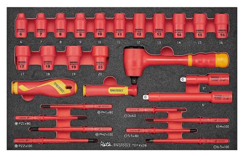 Teng Tools 28 Piece 1000 Volt Insulated 3/8 Inch Drive 6 Point Shallow Socket, Extension Bar, Ratchet & Screwdriver EVA Foam Tray - TEFXV28