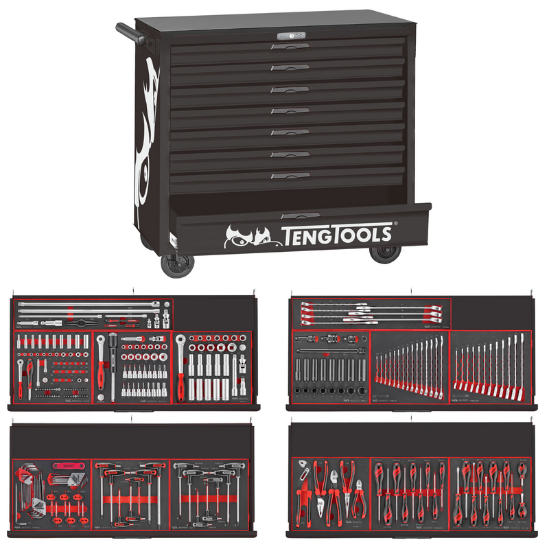 Teng Tools 447 Piece 'Limited Edition' Black 37 Inch Wide 8 Drawer Roller Cabinet Workstation Tool Kit - TCEMM637NBK-BUILD