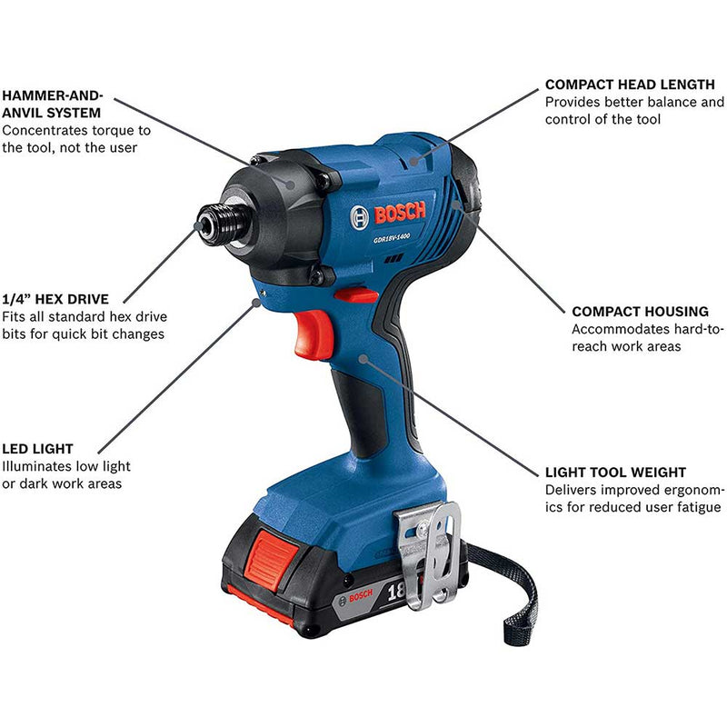 Bosch GDR18V-1400B12 18V 1/4" Cordless Hex Impact Driver w/ Slimpack Battery