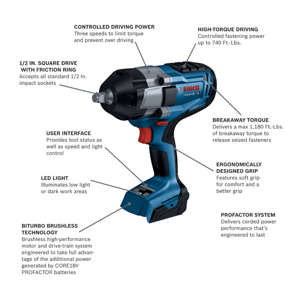 Bosch GDS18V-740N-KITBAT 18V 1/2" PROFACTOR Impact Wrench w/ 8.0 Ah Battery