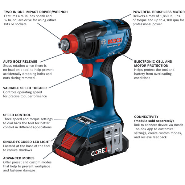 Bosch GDX18V-1860CB25 GDX18V-1860CB25 18V Impact Wrench Kit w/ 4.0AH Batteries