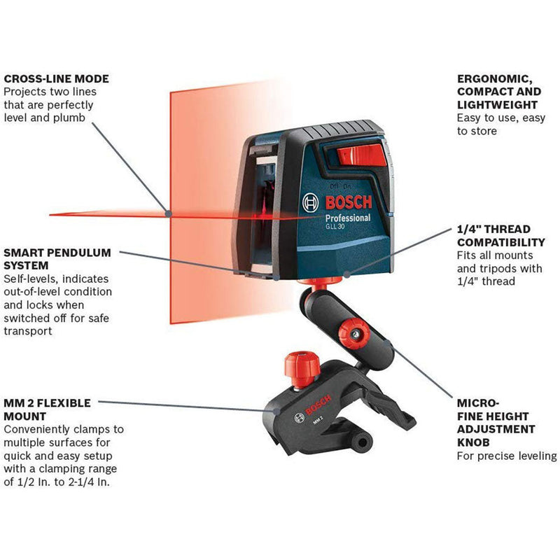 Bosch GLL30 30-foot Self Leveling Red Beam Cross Line Laser w/ Clamping Mount