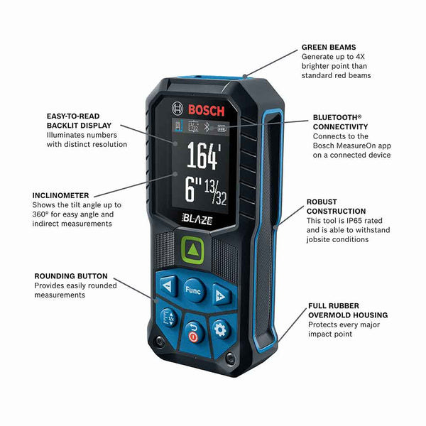 Bosch GLM165-27CGL 165' BLAZE Ergonomic Cordless Green Laser Measure w/Bluetooth