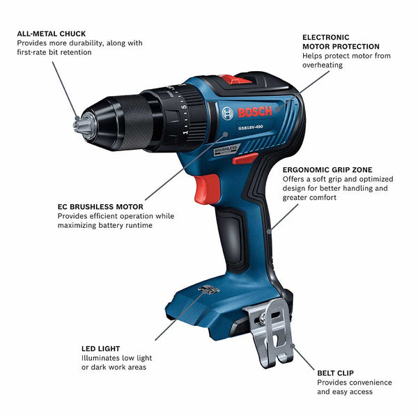 Bosch GSB18V-490N 18V 1/2" EC Brushless Hammer Drill/Driver - Bare Tool