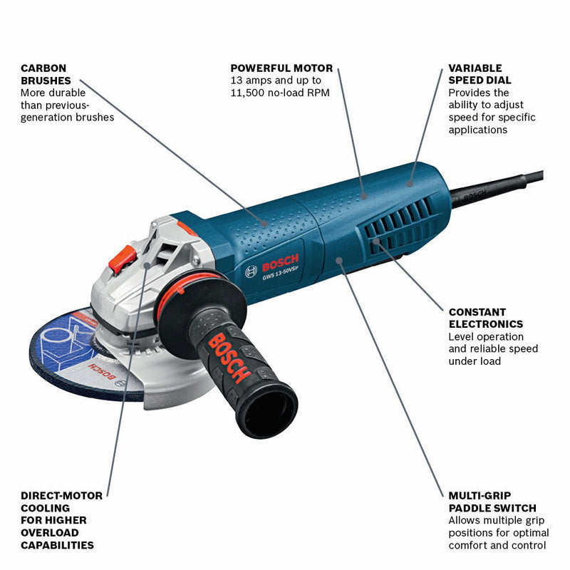 Bosch GWS13-50VSP 120V 5" Corded High-Performance Variable Speed Angle Grinder