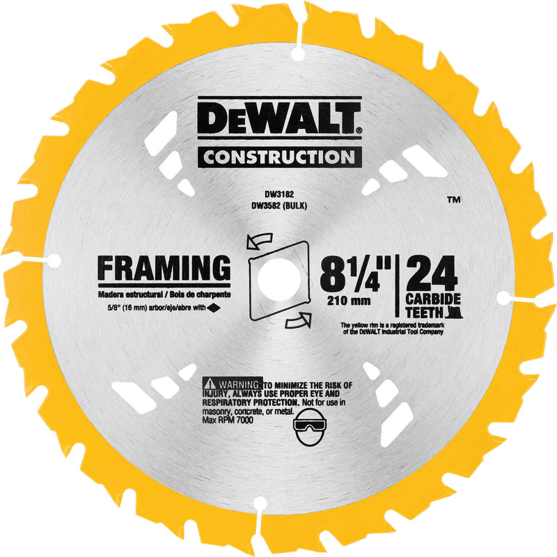 DEWALT DW3182 Series 20 8-1/4-Inch 24 Tooth ATB Framing Saw Blade with 5/8-Inch Arbor