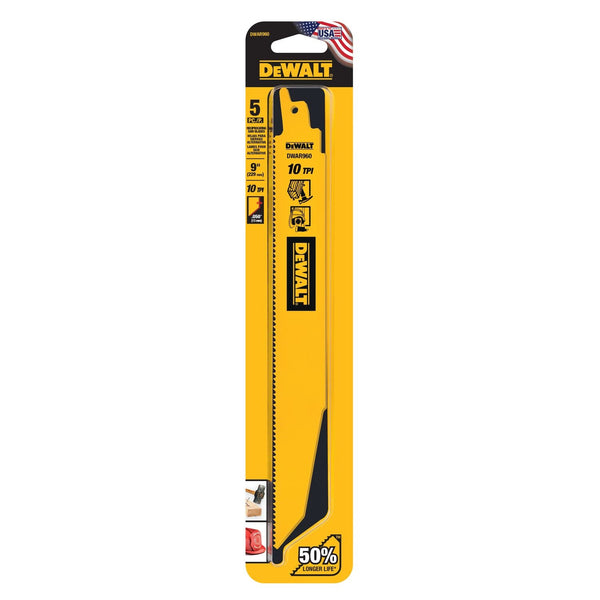 DEWALT DWAR960 9-in 10 TPI Bi-Metal Reciprocating Saw Blades for Wood, Metal, Drywall, 5-pk