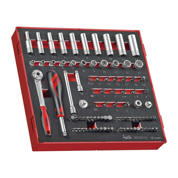 Teng Tools 89 Piece 1/4 Inch Drive 6 Point Metric Regular/Shallow & Bit Foam Socket Set - TED1489