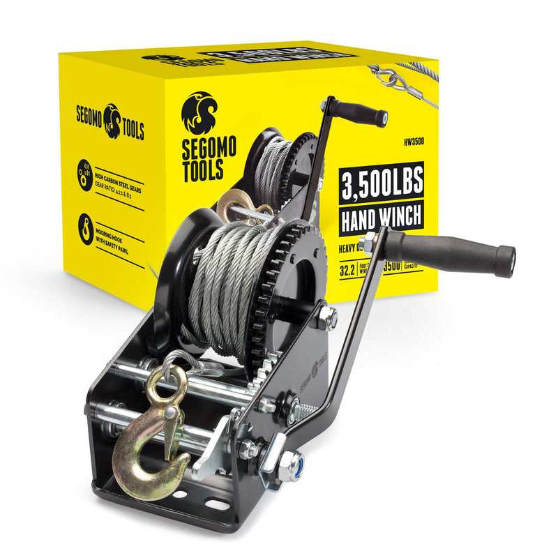 Segomo Tools Heavy Duty 3500 Pound Manual, Two Way Ratchet 32.2 Foot Long Wire Black Hand Winch - HW3500