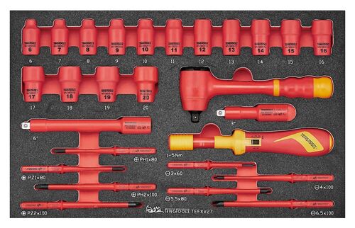 Teng Tools 27 Piece 1000 Volt Insulated 3/8 Inch Drive Ratchet, Metric 6 Point Socket, Extension Bar, Torque Screwdriver EVA Foam Tray - TEFXV27